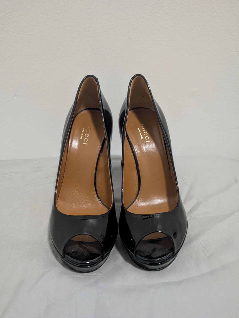 Gucci Black Patent Leather "Betty" Platform Peep-Toe Pumps 35.5